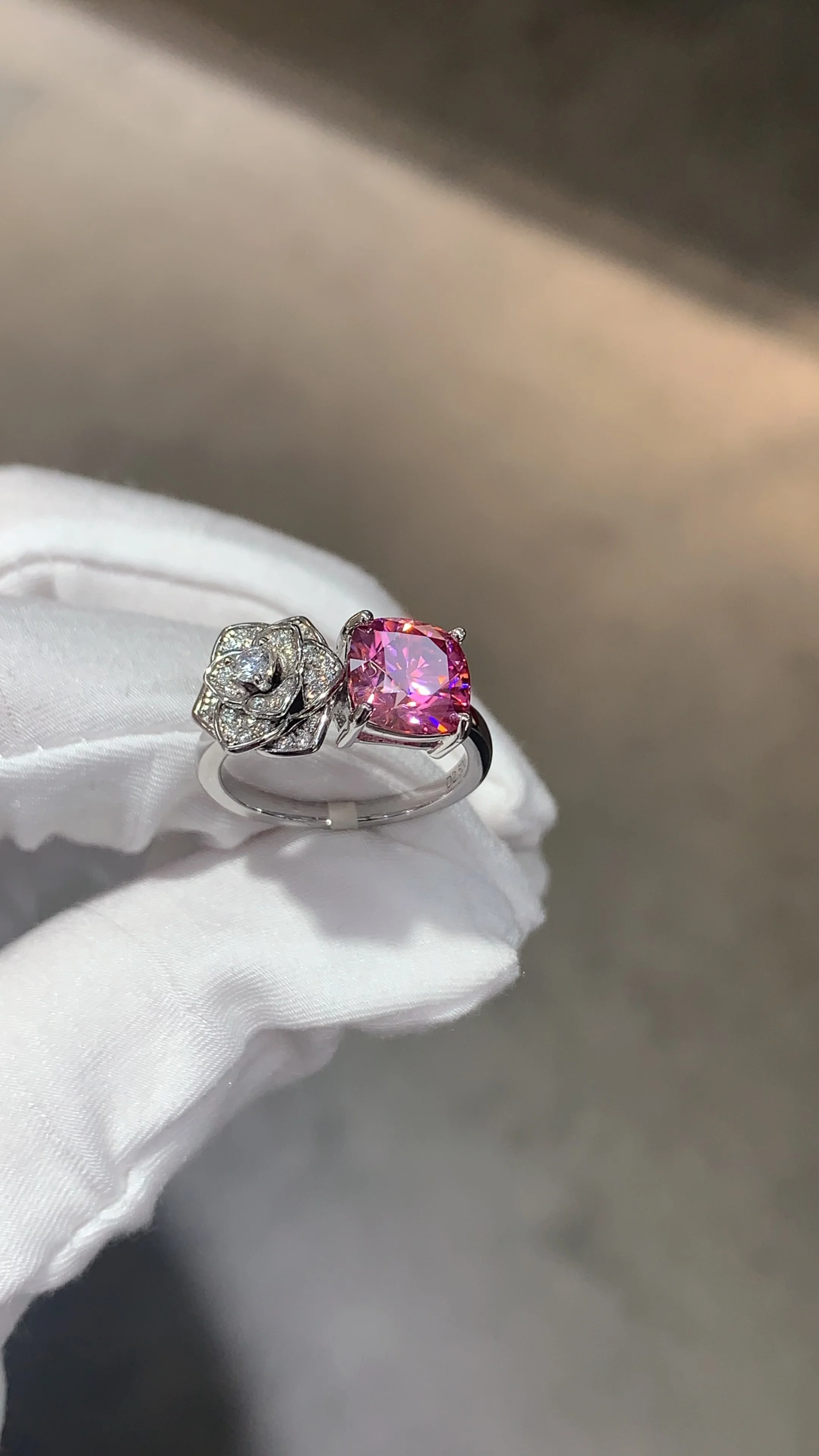 2CT PINK FLOWER CUSHION CUT MOISSANITE RING IN STERLING SILVER - Image 3