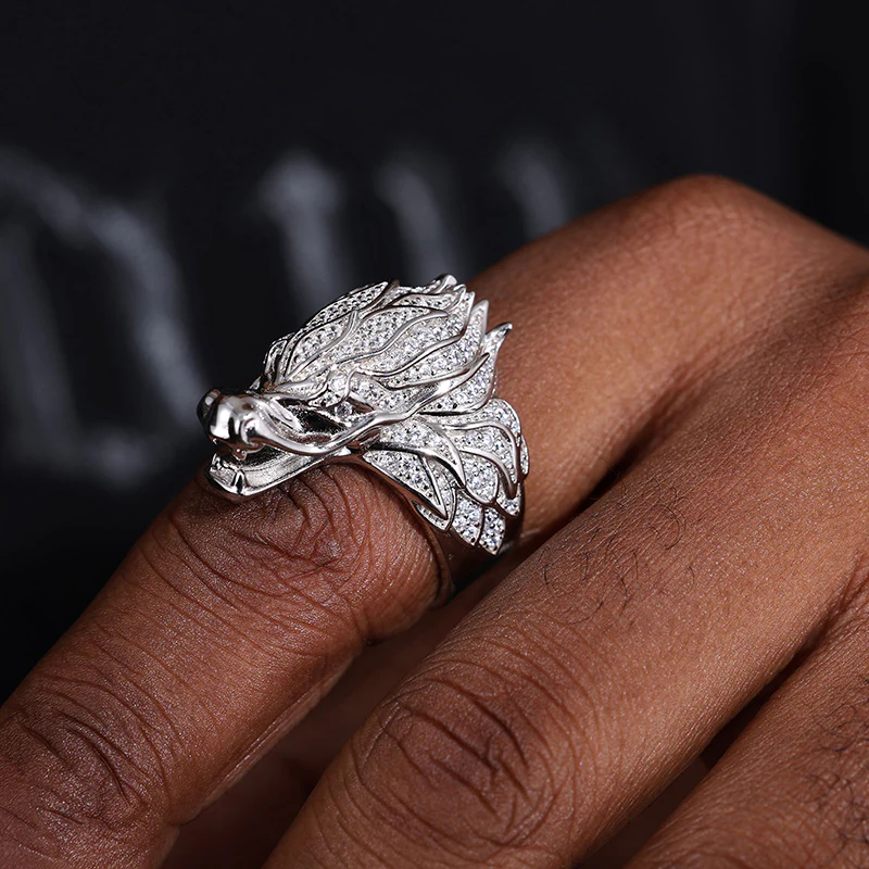 MOISSANITE DRAGON HEAD RING IN STERLING SILVER - Image 2